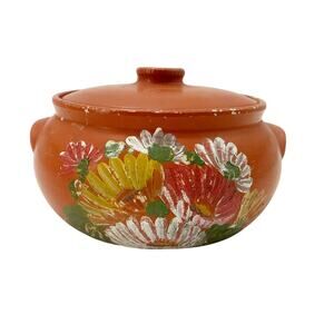 vintage Ransburg orange floral Bean Pot with Lid hand painted #528 ceramic crock